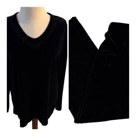 Jaclyn Smith Black Velvet Pant Set Long Sleeve Embellished Top
